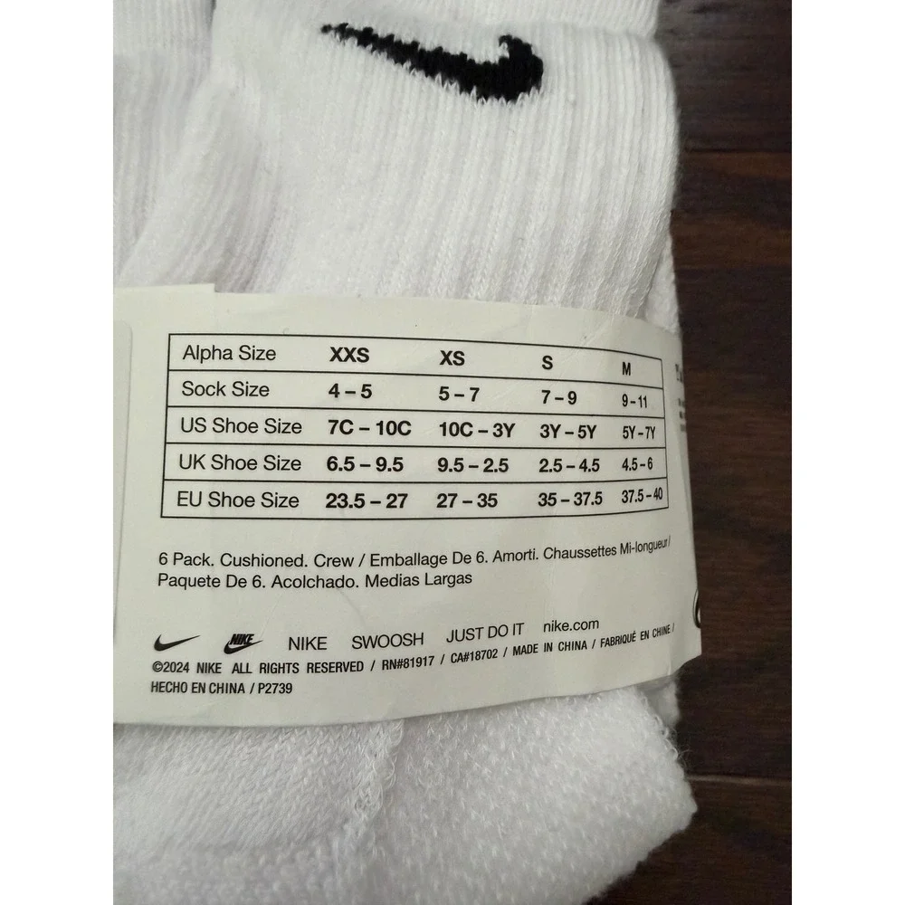Nike Kids 6 Pack Everyday Cushioned Crew Socks White RN0373-001 Size 7C-10C XXS